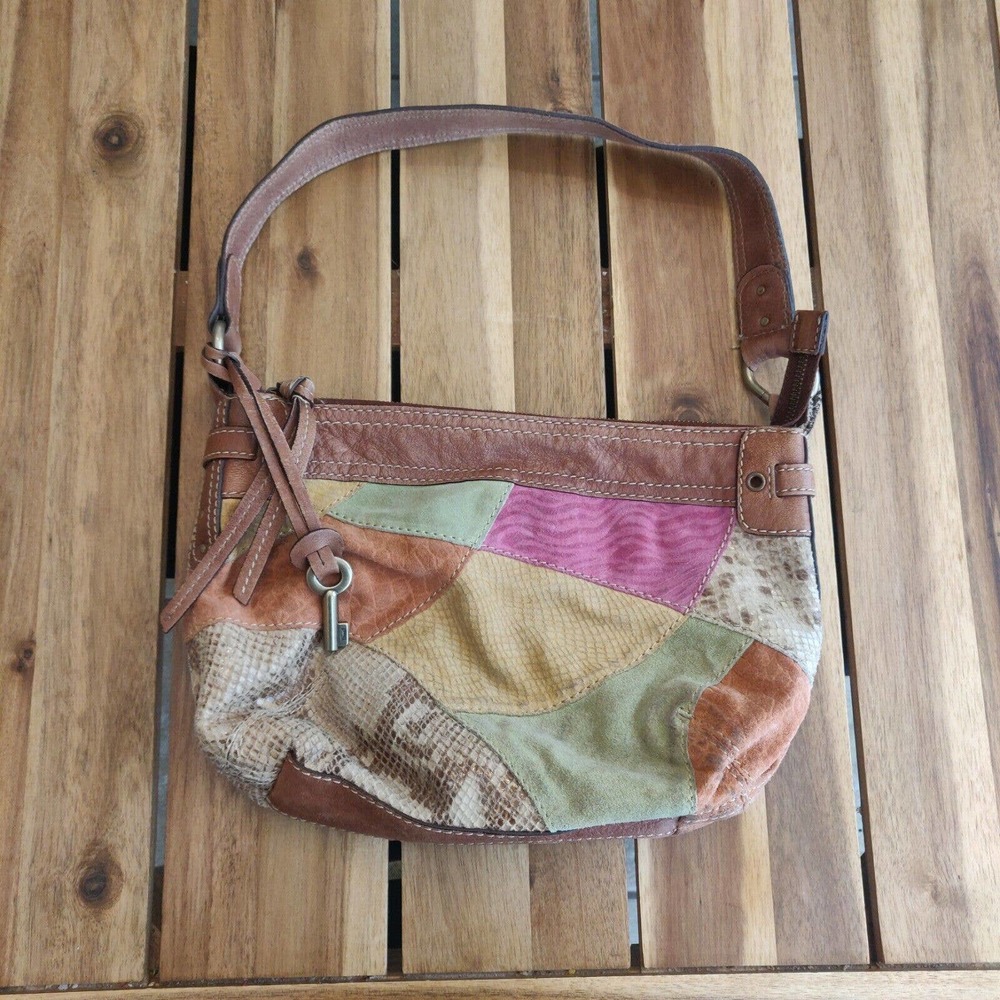 Fossil Women's Purse Handbag Shoulder Bag Colorful Patchwork Brown Leather.